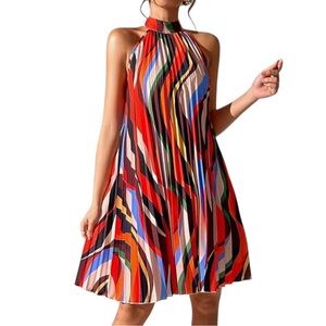 Summer Beach Dresses for Women Back Neck Pleated Short Dress Sleeveless Size L